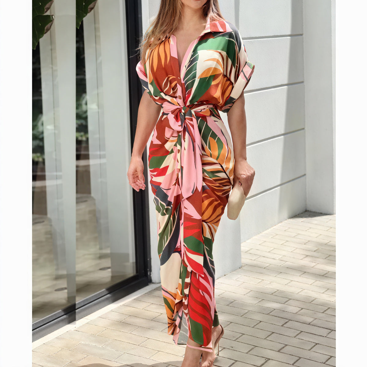 Damen Blusenkleid mit Bindegürtel – Kragen, Asymmetrischer Saum, Kurzarm-82303-bcac1700-98ef-4ab1-9e3b-708609e86083