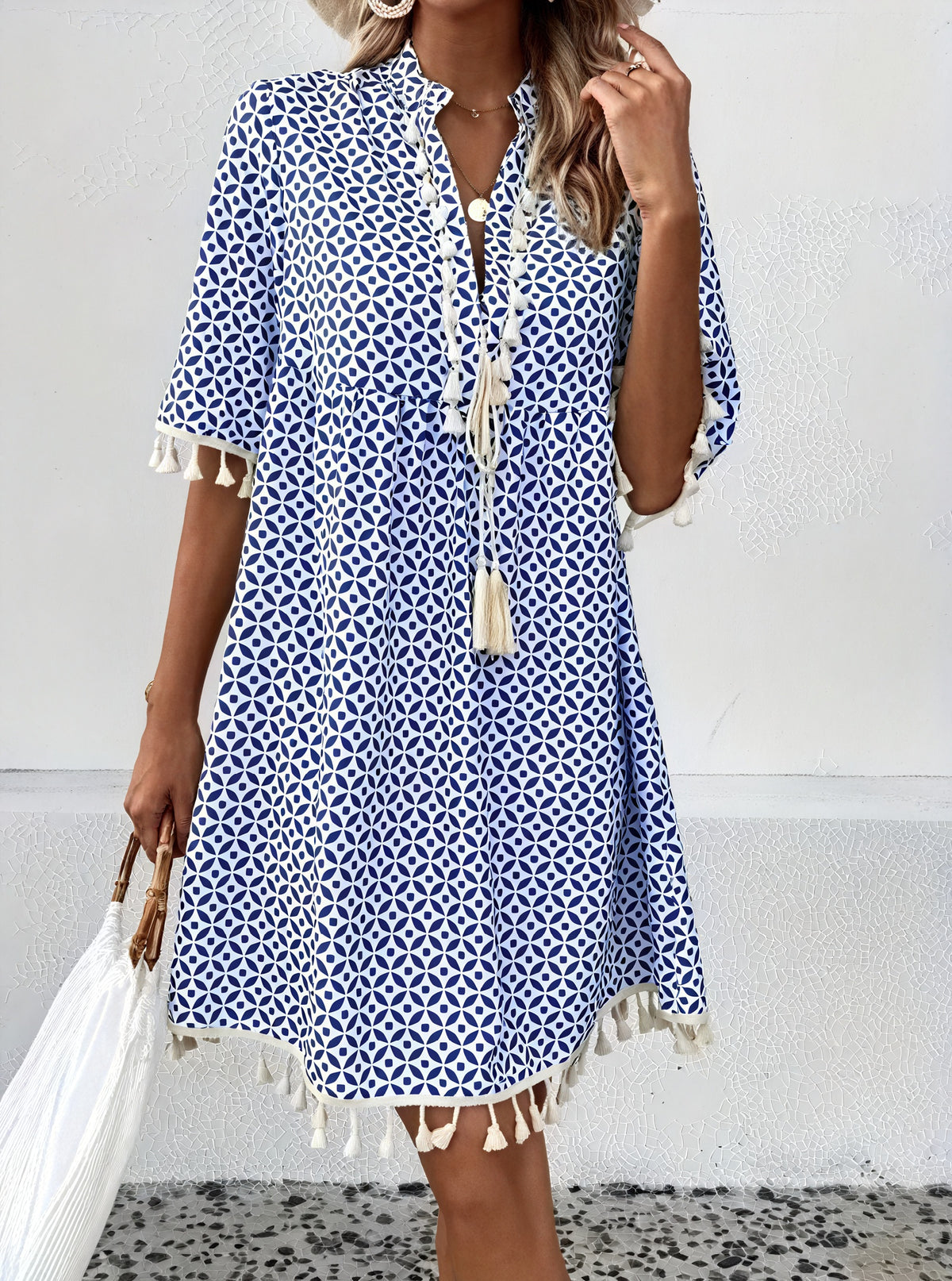 Damen Sommerkleid – Kurzarm Blau-Weiß, Geometermuster, Quasten, Leicht-82531-e97fe2e4-a321-4231-aa45-9d7e2ae83ac1