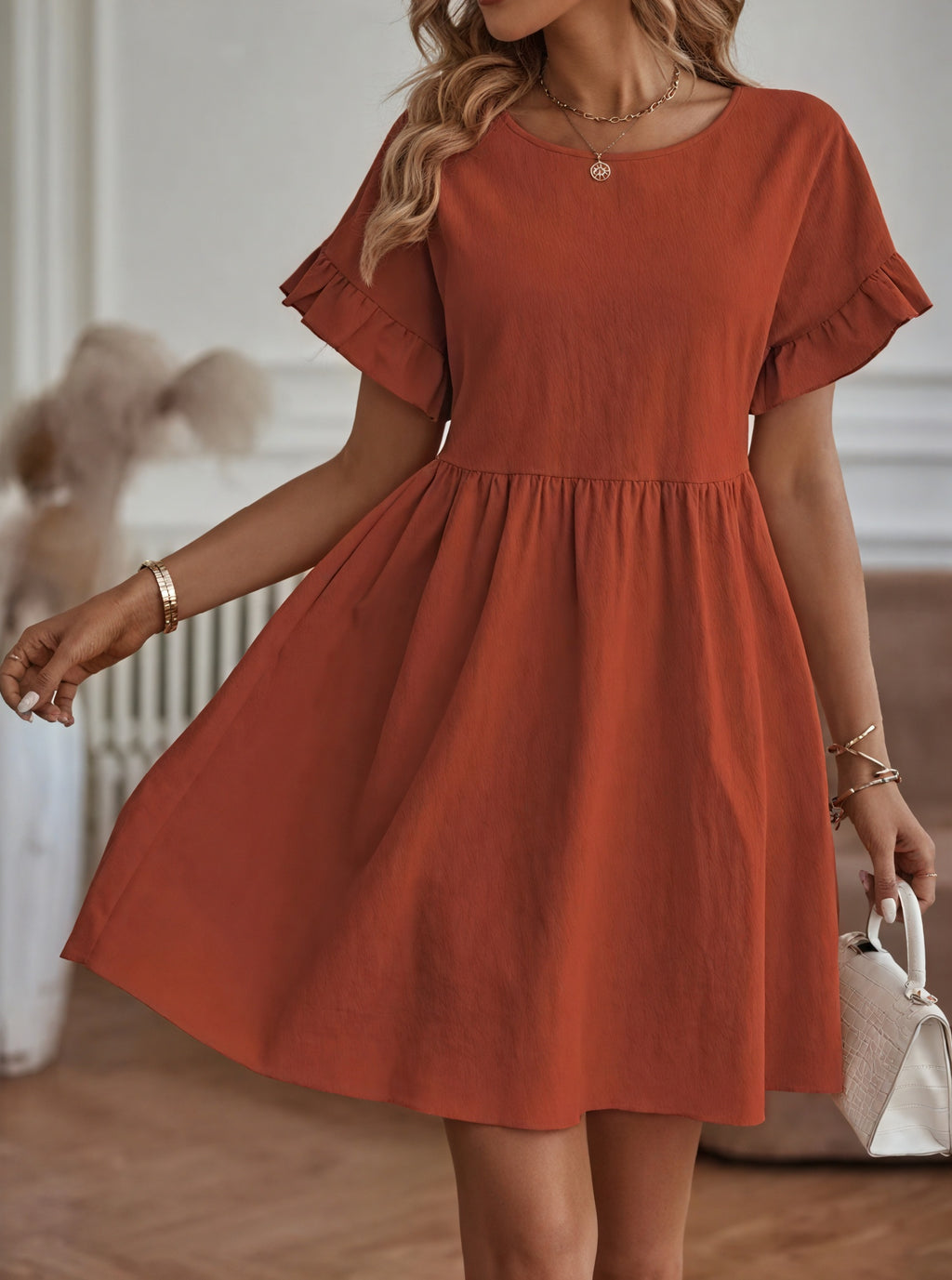 Damen Kleid – A-Linie, Rüschenärmel, Tailliert, Casual Stil-82588-de962006-7e67-4442-8144-8efef7960a15