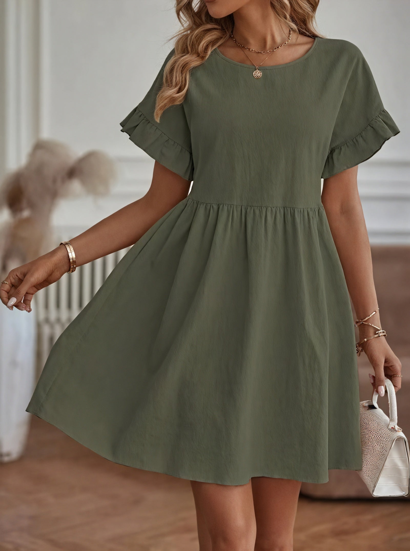 Damen Kleid – A-Linie, Rüschenärmel, Tailliert, Casual Stil-82588-75a38148-95c8-418c-90f4-ae654a7d7c02