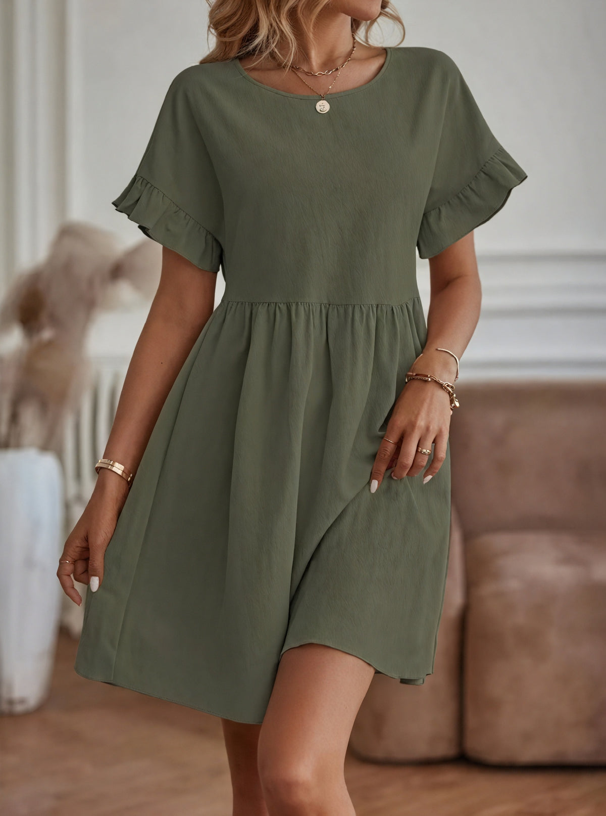 Damen Kleid – A-Linie, Rüschenärmel, Tailliert, Casual Stil-82588-9b9ce8cd-d87f-4046-a0da-8b042afab286