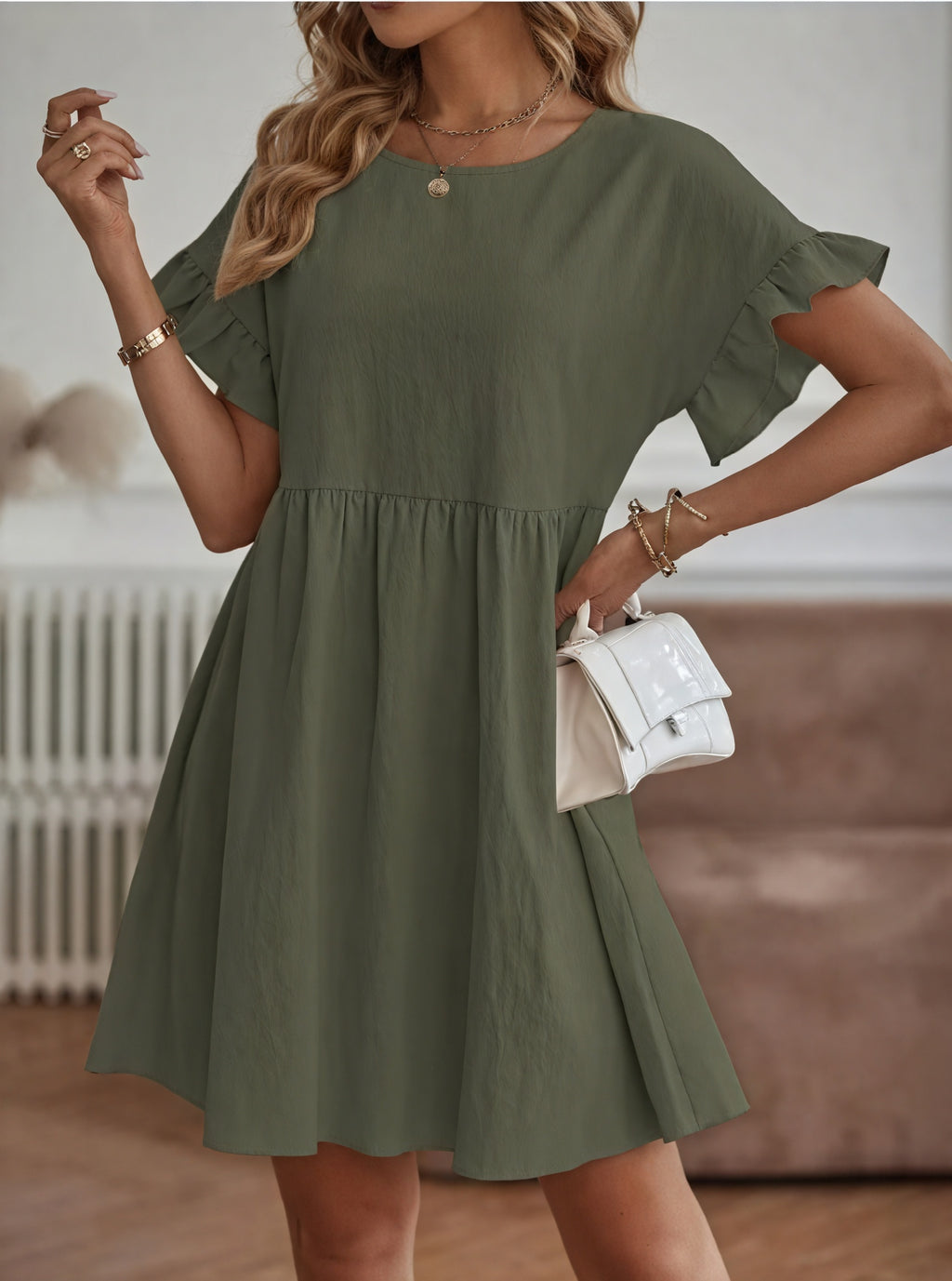 Damen Kleid – A-Linie, Rüschenärmel, Tailliert, Casual Stil-82588-657b3a81-b481-4bbe-96ff-45c0200e88db