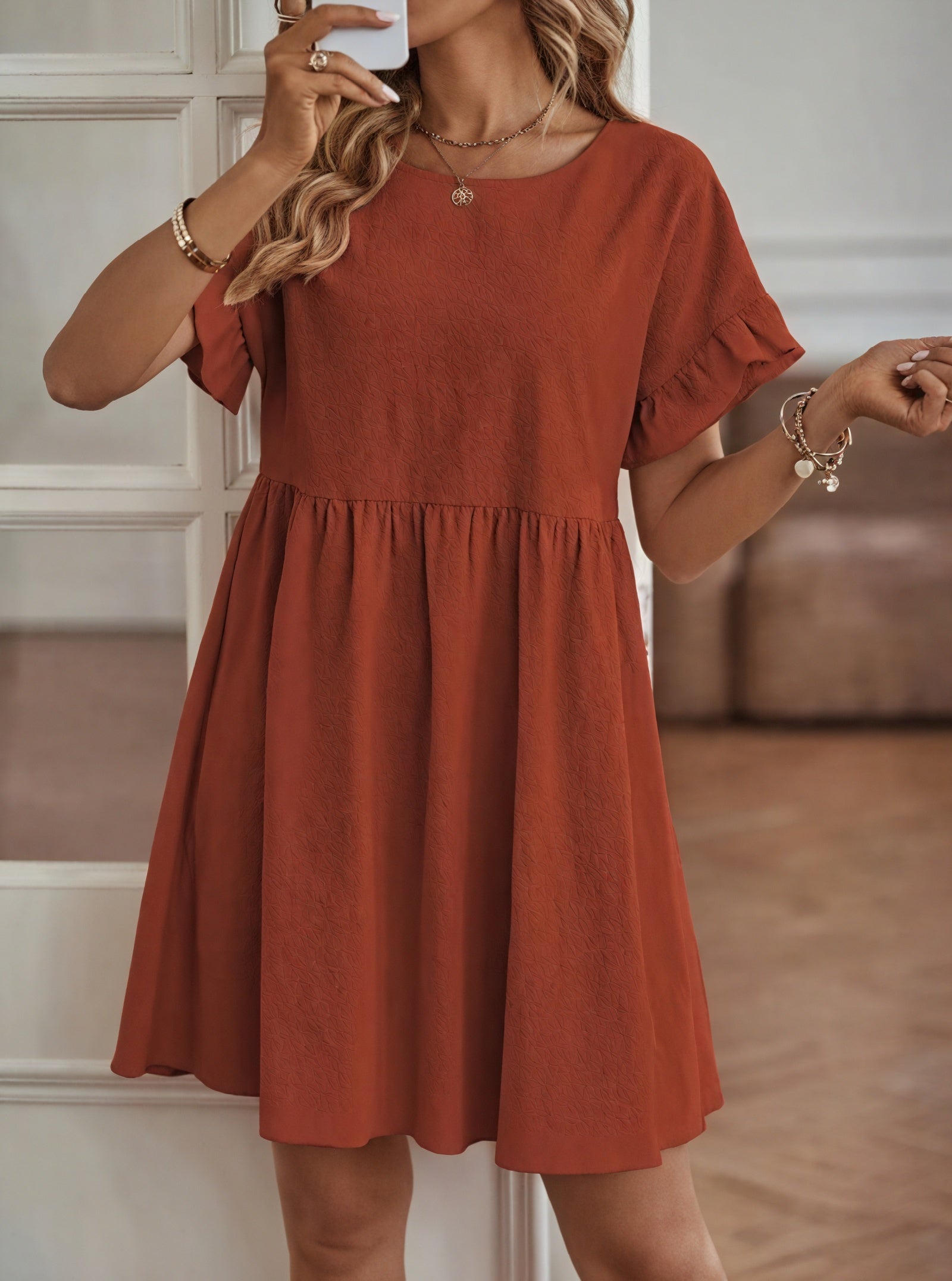 Damen Kleid – A-Linie, Rüschenärmel, Tailliert, Casual Stil-82588-2893417d-8e30-41a2-addf-9a95aca989fc