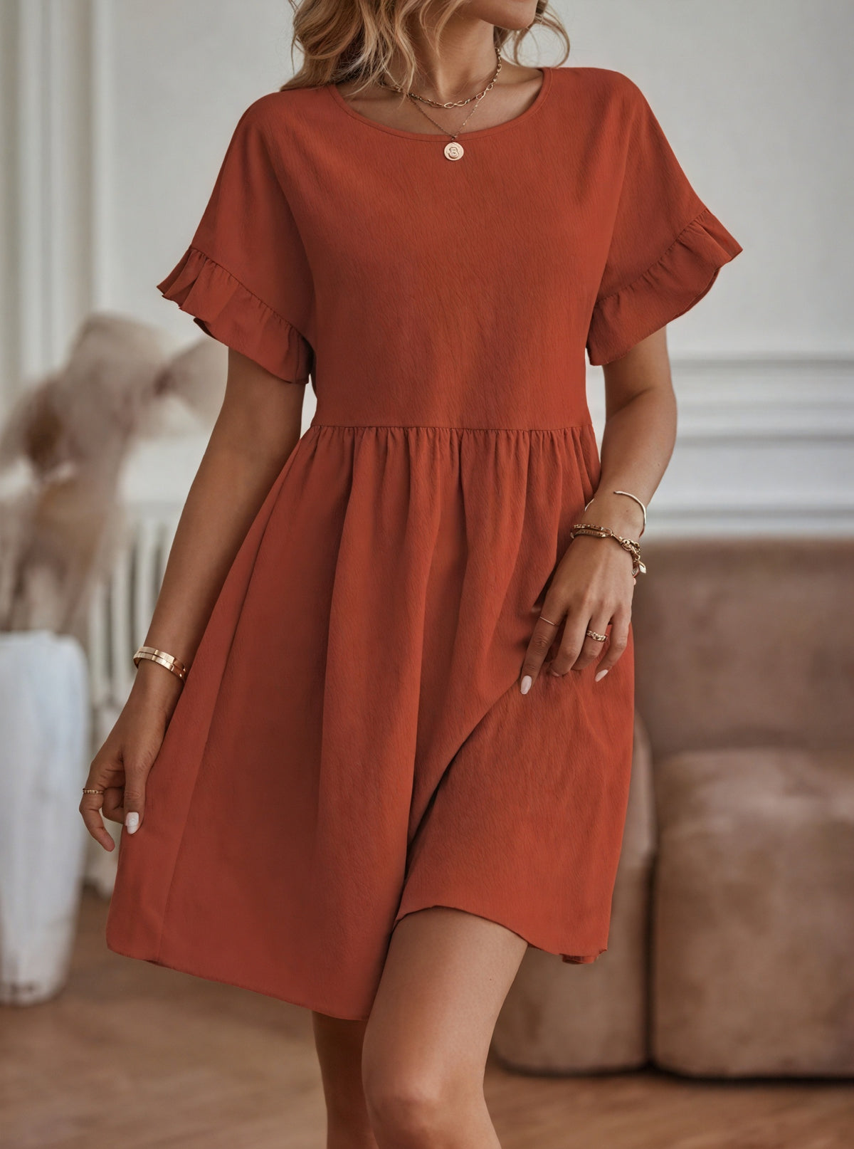 Damen Kleid – A-Linie, Rüschenärmel, Tailliert, Casual Stil-82588-ab0f1573-7b5c-4260-809b-38b85323ba71