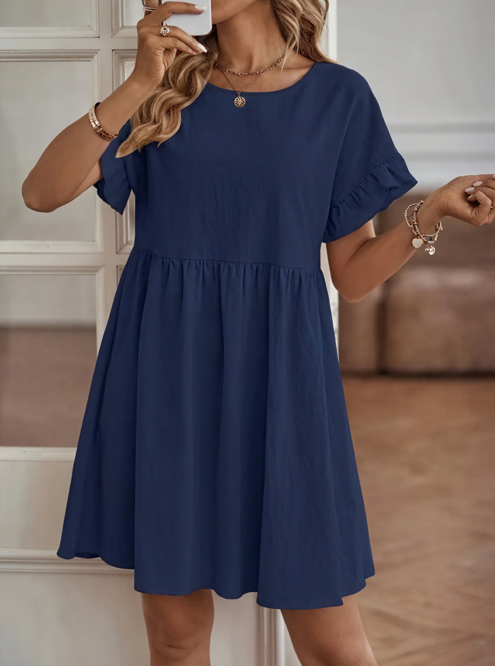 Damen Kleid – A-Linie, Rüschenärmel, Tailliert, Casual Stil-82588-498a67a5-8287-42ae-9126-be9a83149d38