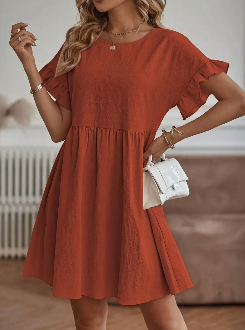 Damen Kleid – A-Linie, Rüschenärmel, Tailliert, Casual Stil-82588-7c7e091e-64e2-4378-9b57-75de8a77351e