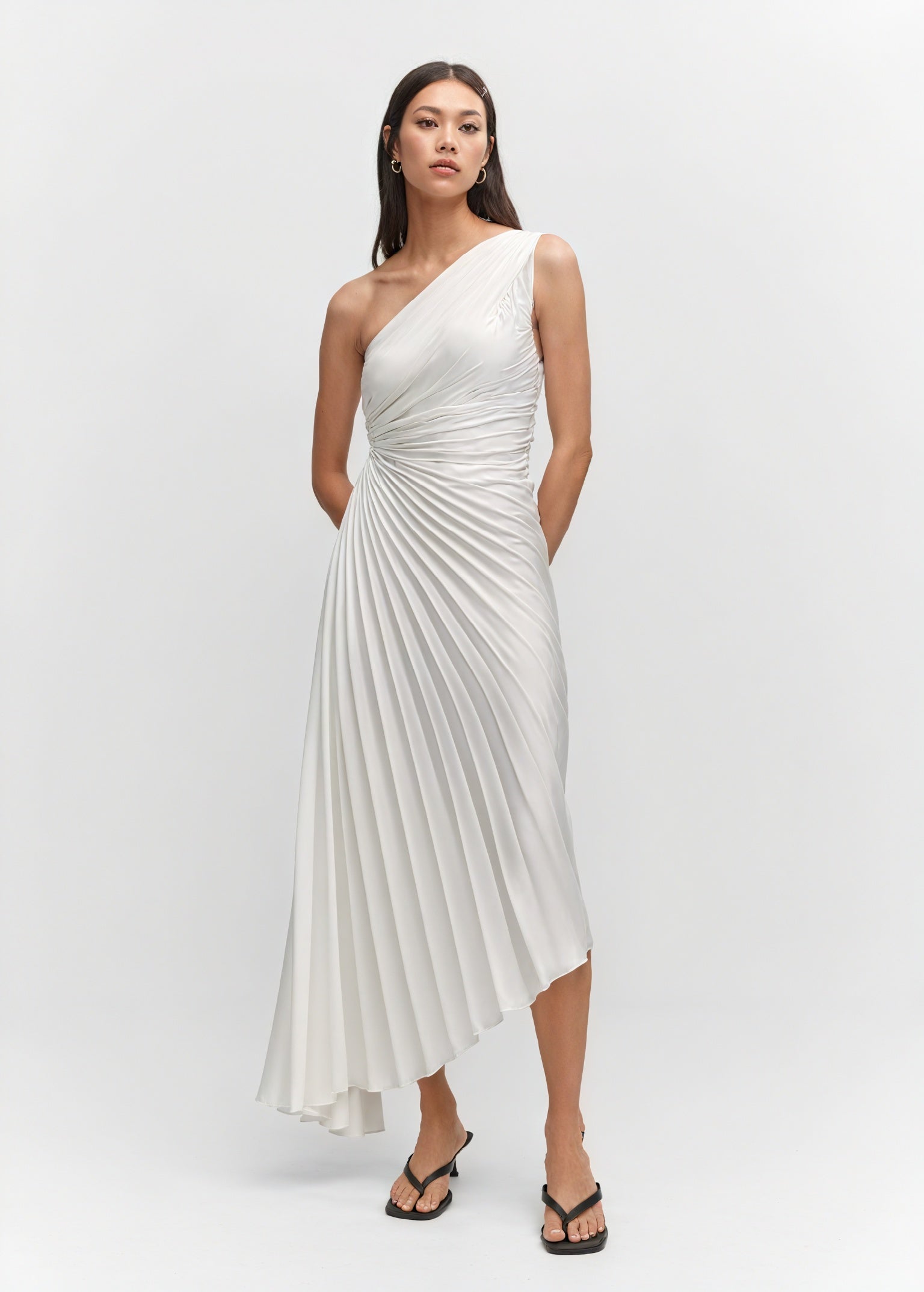 Damen Kleid – One-Shoulder, Plissierter Stoff, Asymmetrischer Saum, Elegant-83236-e9175566-6eb9-4518-b811-9418ceacd562