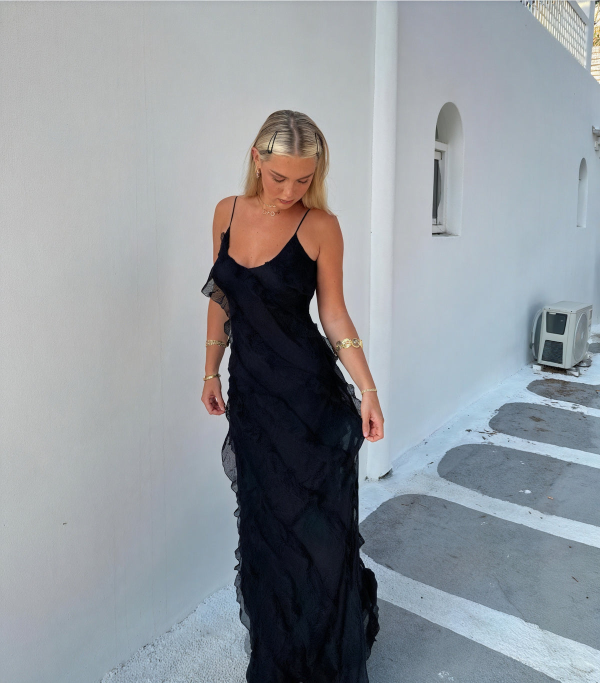 Kleidhaus Damen Maxikleid – Fließend, Spaghettiträger, Rüschen, Abendkleid-83279-c07a90ff-691b-47c6-9b56-5f2b367fe135