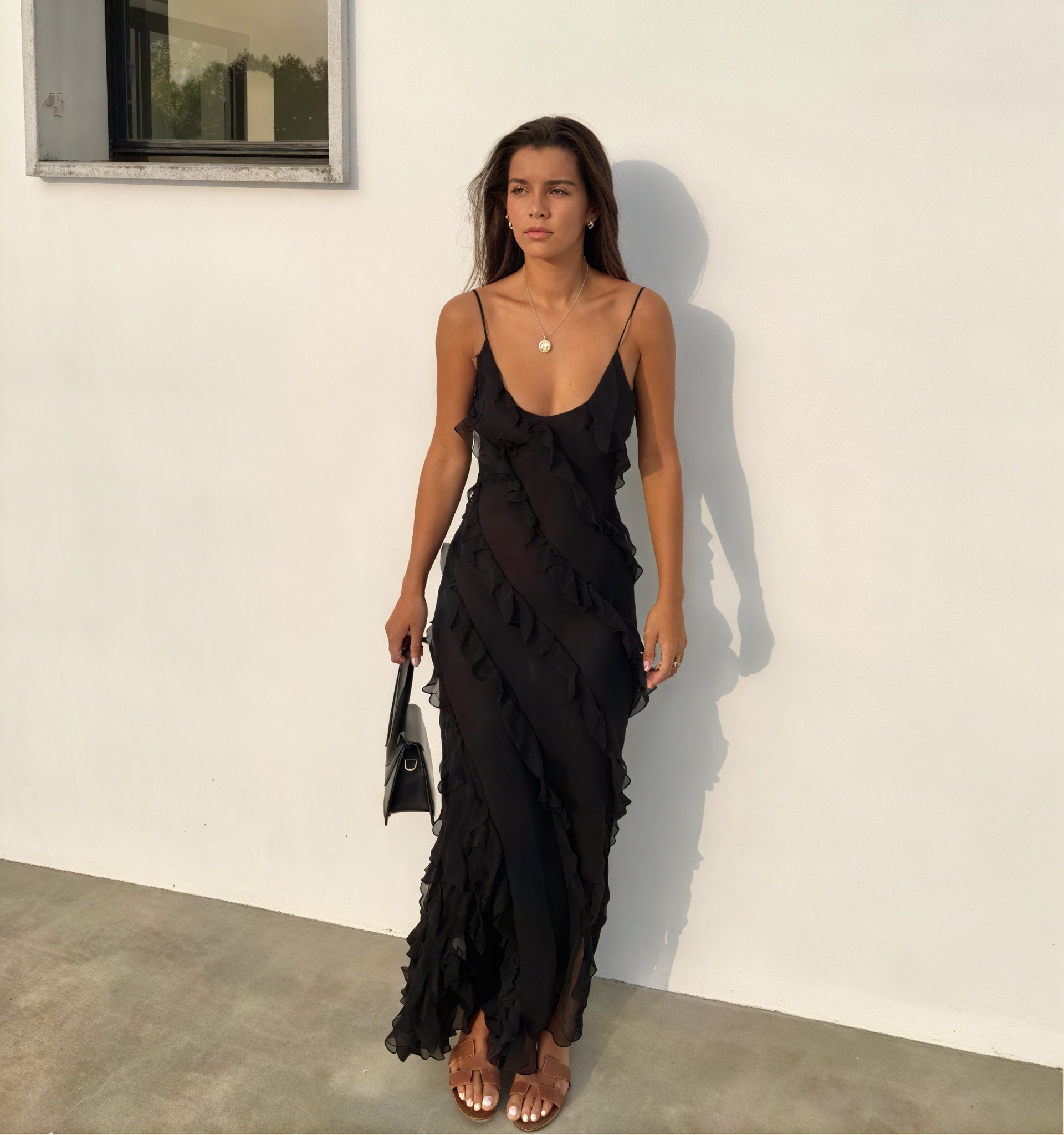 Kleidhaus Damen Maxikleid – Fließend, Spaghettiträger, Rüschen, Abendkleid-83279-912b009b-b979-447a-b81c-268cee788b7d