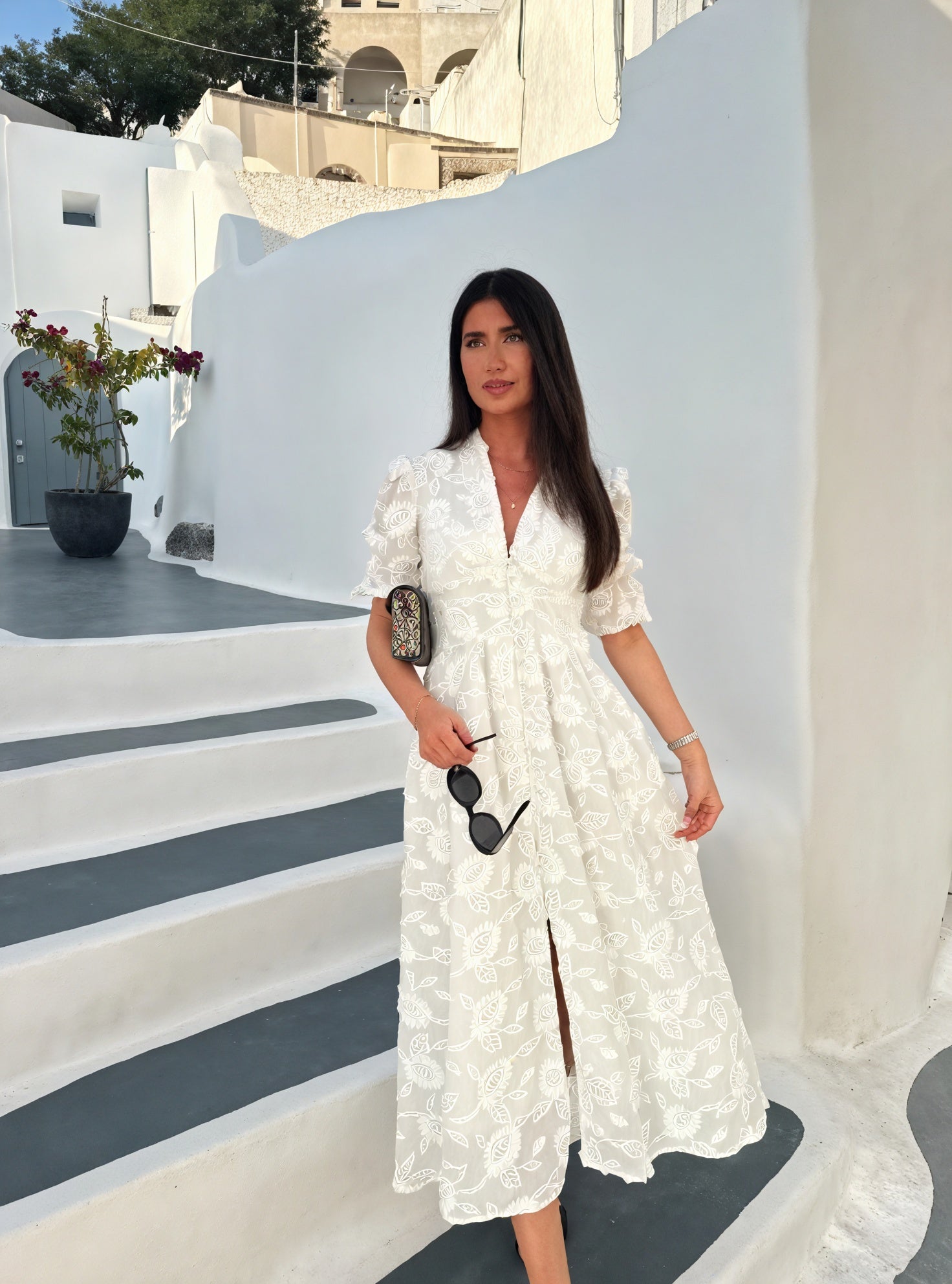 Kleidhaus Damen Midi-Kleid – Weiß, Bestickt, Knopfleiste, Kurze Ärmel-83314-ce3ade1d-7568-4458-8492-8e7b11d640cf