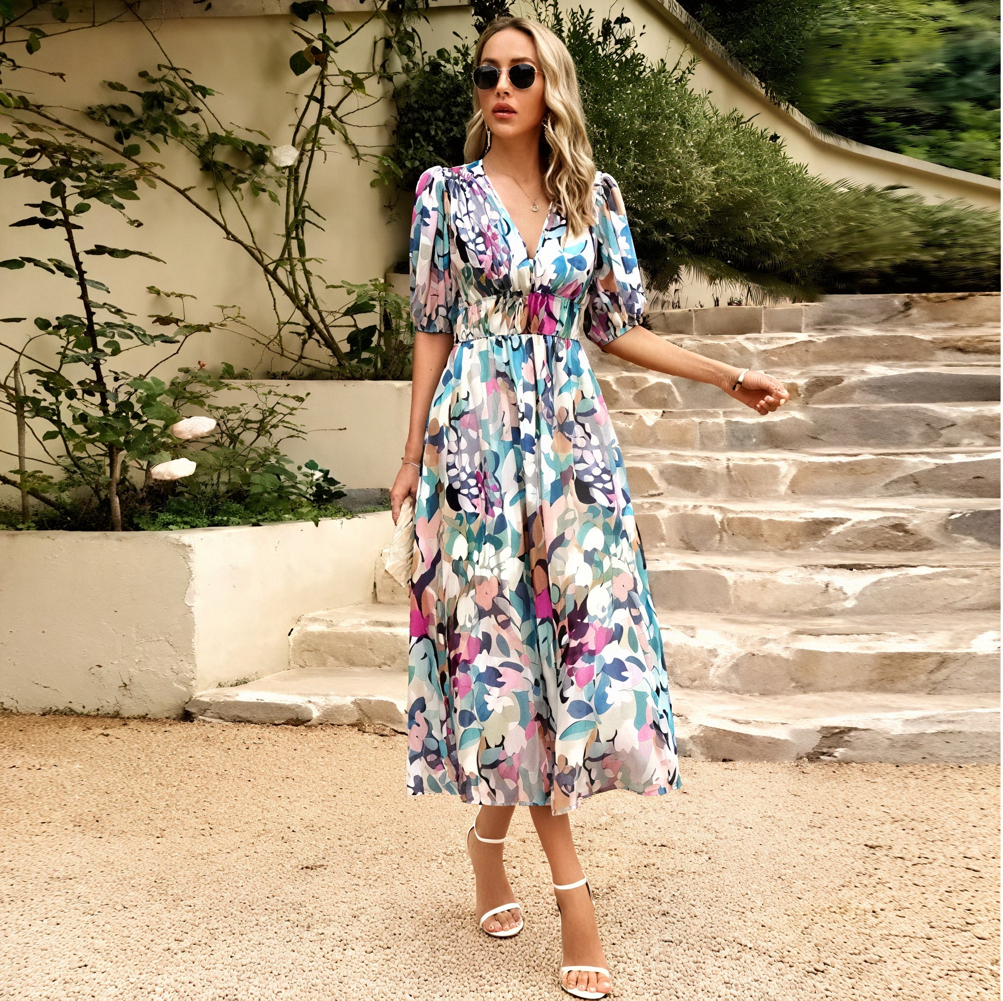 Damen Blumen Midi Kleid – V-Ausschnitt, Kurzarm, Fließend-83546-b193803f-d1b8-4c86-b8a6-40908597ad22