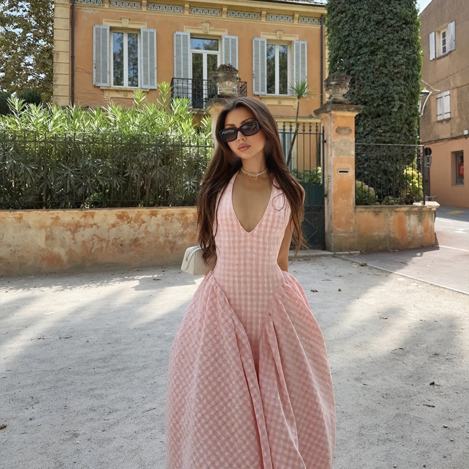 Damen Kleid – Rosa Weiß Gingham V-Ausschnitt Plisseekleid-83586-d55922ac-d7ee-49fd-9d57-41bb260f5f68