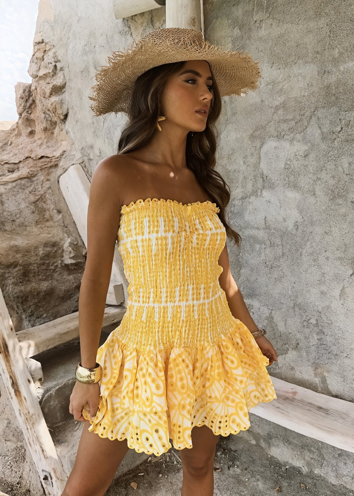 Damen Kleid Gelb Weiß Gemustert Trägerlos Rüschenausschnitt Mini Smock-83597-9f8db034-9dd9-45fc-a0cc-116aeb6f2c40
