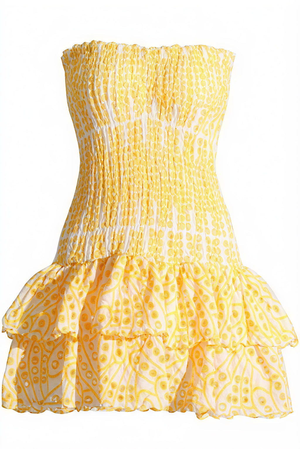 Damen Kleid Gelb Weiß Gemustert Trägerlos Rüschenausschnitt Mini Smock-83597-b6f0a8ab-1a2b-4af0-9909-a10916a20e61