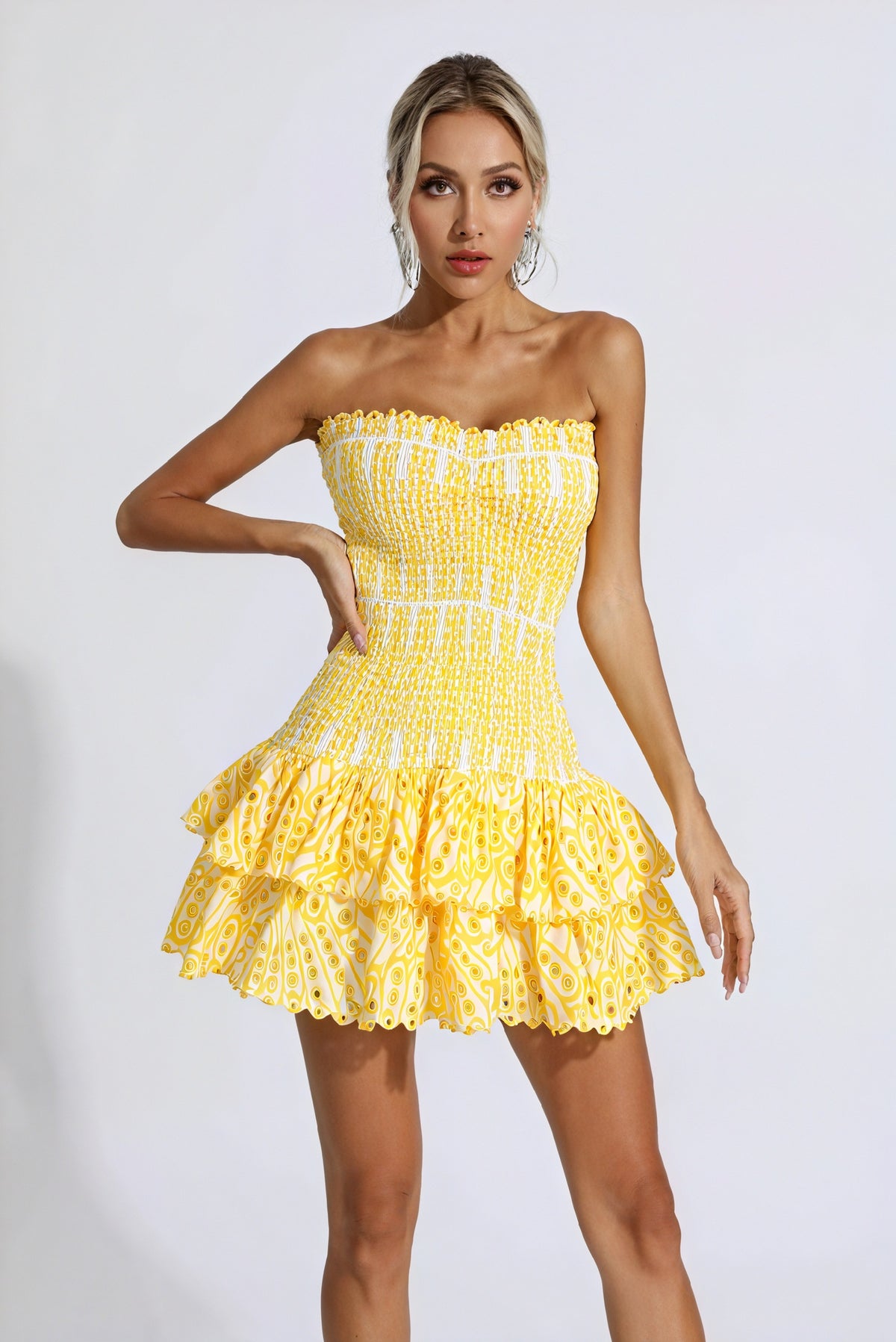 Damen Kleid Gelb Weiß Gemustert Trägerlos Rüschenausschnitt Mini Smock-83597-ed252179-6693-4aff-aaeb-bc86831e4be4