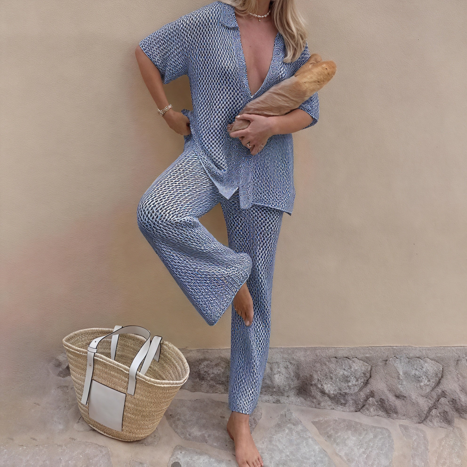 Damen Zweiteiler Strickset – Leichtes Hemd mit Knopfleiste & Hose, Loungewear-83778-d879ccb0-8f1c-474f-bad5-2ddbed630d2b