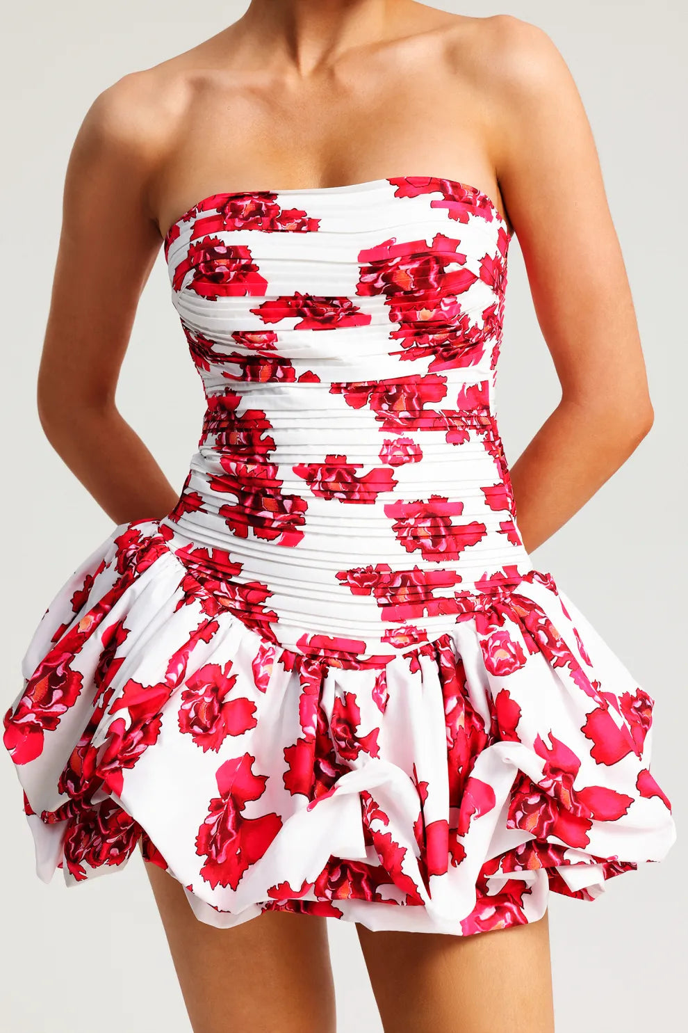 Damen Trägerloses Kleid – Blumenmuster, Strukturiertes Oberteil, Volantrock-83685-8a55196b-d088-4fa5-93ba-6105e06e9a1f