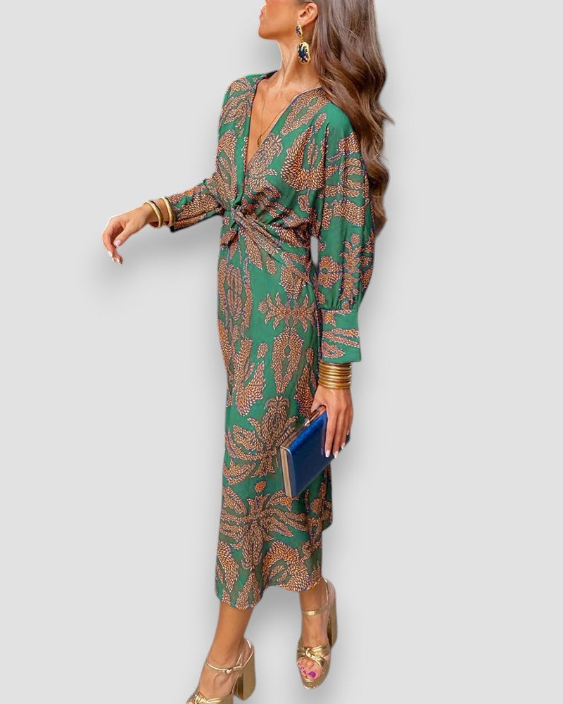 Damen Kleid Langarm V-Ausschnitt Print Knotendetail Elegant-83293-8cde6ddb-c59a-4b0b-848a-d85cf5d35ecd