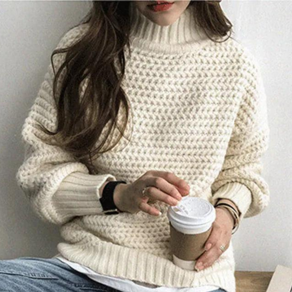 Damen Pullover – Chunky Knit, Hoher Rollkragen, Oversized Ärmel, Off-White, Acryl-Baumwolle-54883-58562561016138