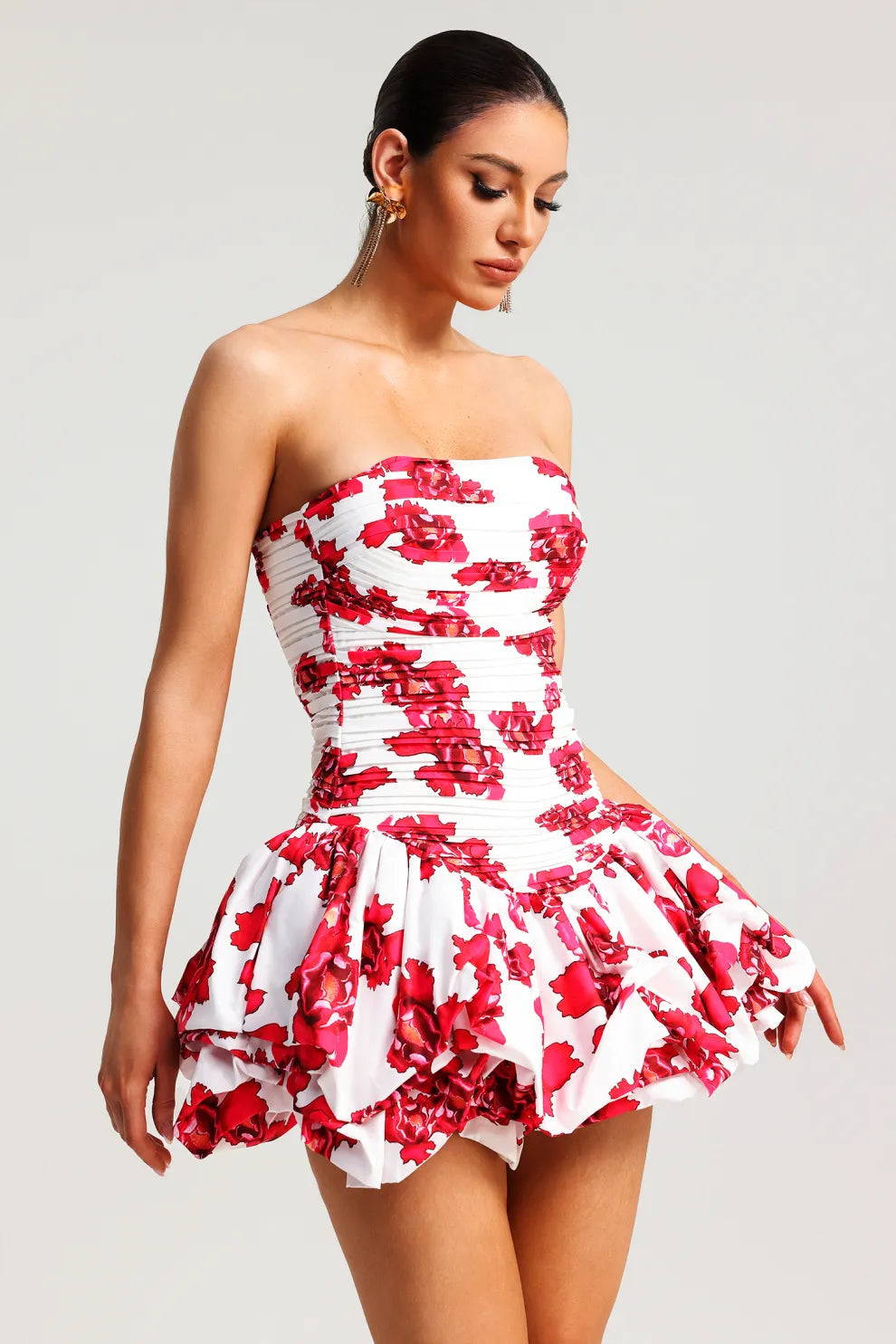 Damen Trägerloses Kleid – Blumenmuster, Strukturiertes Oberteil, Volantrock-83685-aba7c88a-826a-4f19-8732-2cffe1ba236f