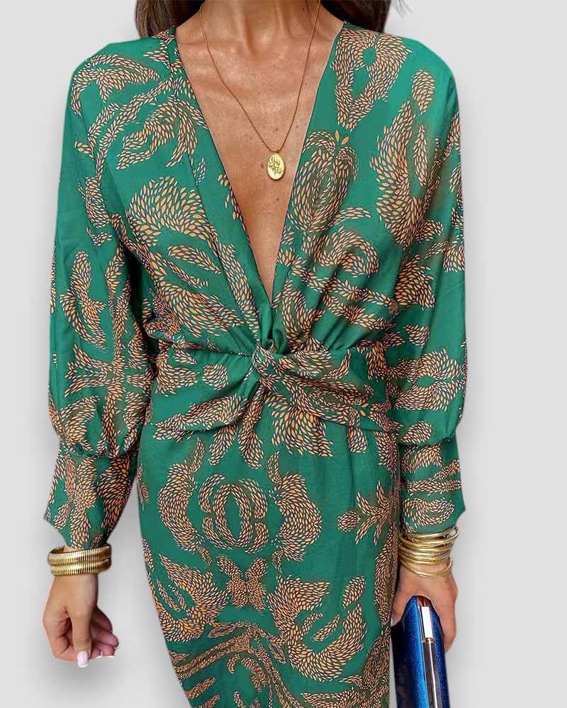 Damen Kleid Langarm V-Ausschnitt Print Knotendetail Elegant-83293-b01ba749-82c4-4798-901e-ca2efd451512