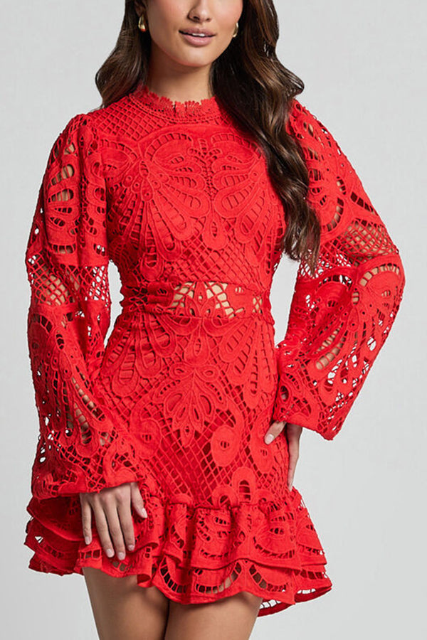 Damen Spitzenkleid Langarm – Cutout Detail, Rüschensaum, Elegant-83325-d1845d74-e921-4319-9ab2-b287cf2ea0be