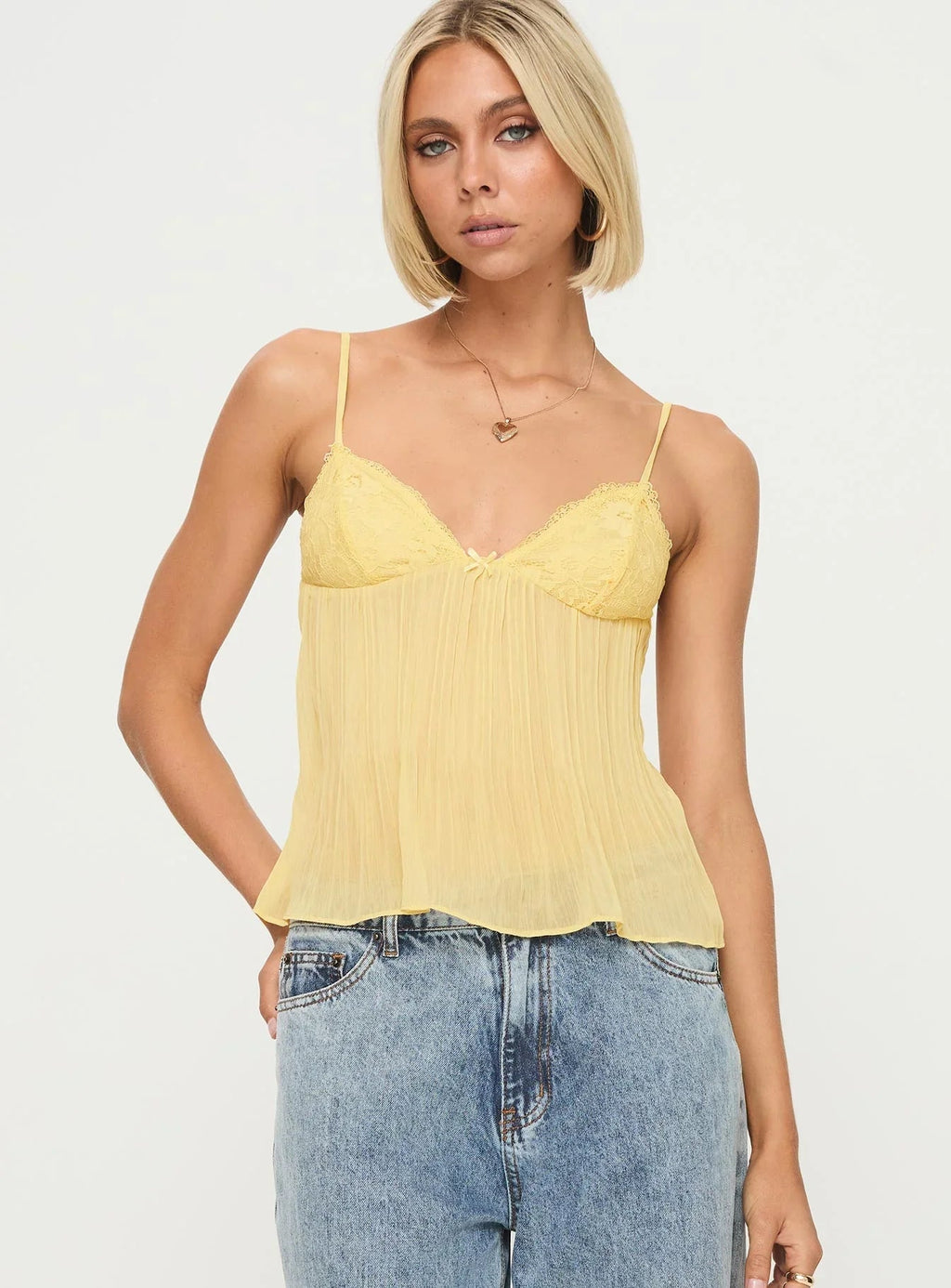Damen Cami Top – Gelb, Spitze, Plissiert, Elegant-83482-d6090cfd-ab6b-4bad-94c0-164ab1de4126