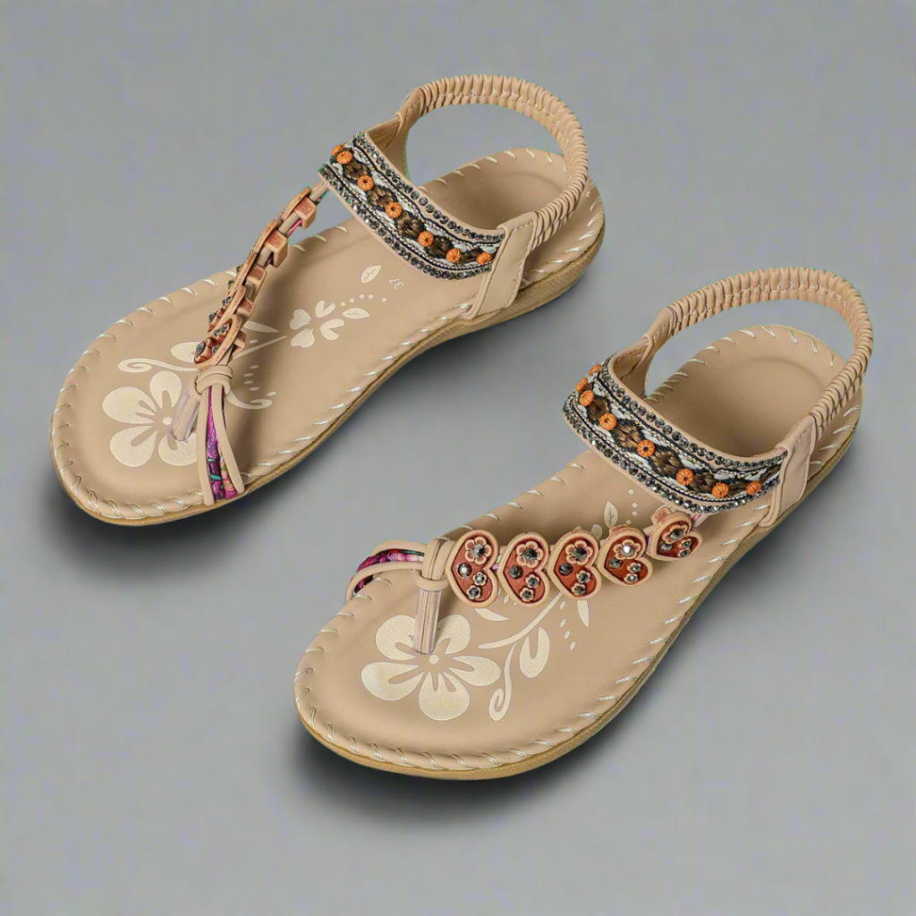 Damen Sandalen Flach – Verzierte T-Riemen mit Perlen & Blumen Details-83364-d8317ed5-e0f8-49b7-abcb-a852c94e5875