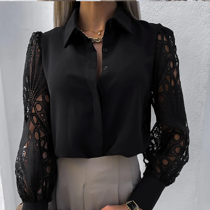 Spitze Bluse mit Kragen & Knopfleiste