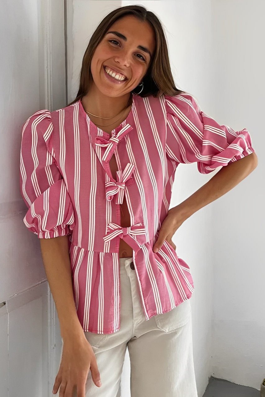 Kleidhaus Damen Bluse – Rosa Weiß Gestreift, mit Schleifen, Kurzarm-83300-dfee227f-12fe-4beb-9804-bbb1bcfd82fe