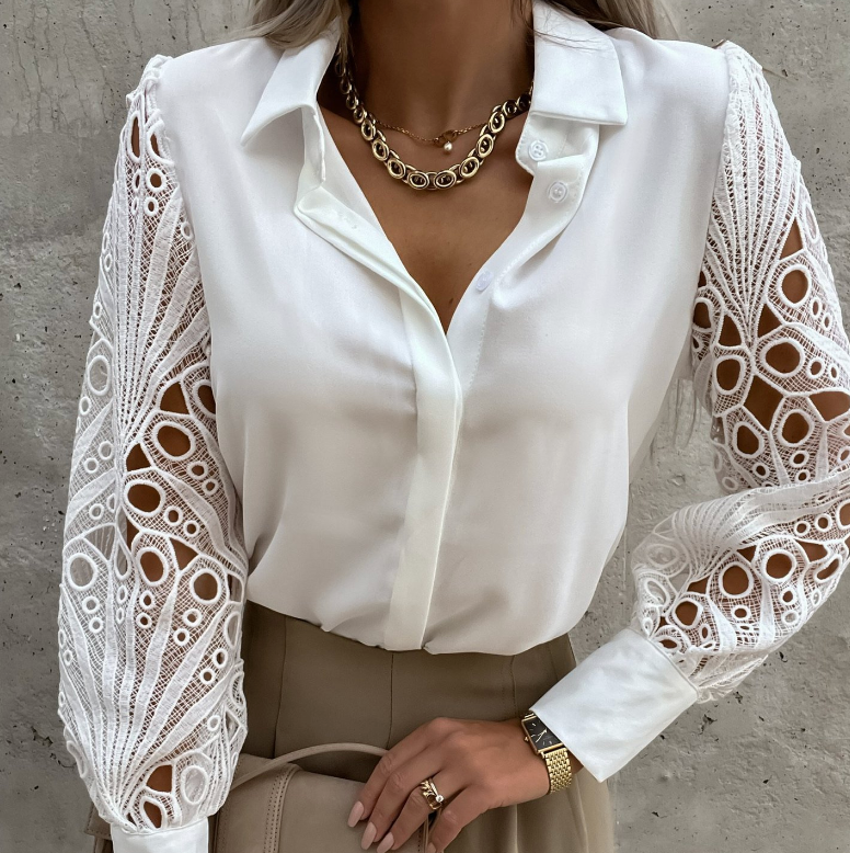 Spitze Bluse mit Kragen & Knopfleiste