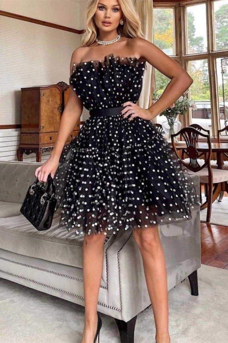 Punktiertes Kleid mit Tüll-Akzent