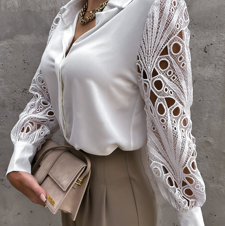 Spitze Bluse mit Kragen & Knopfleiste