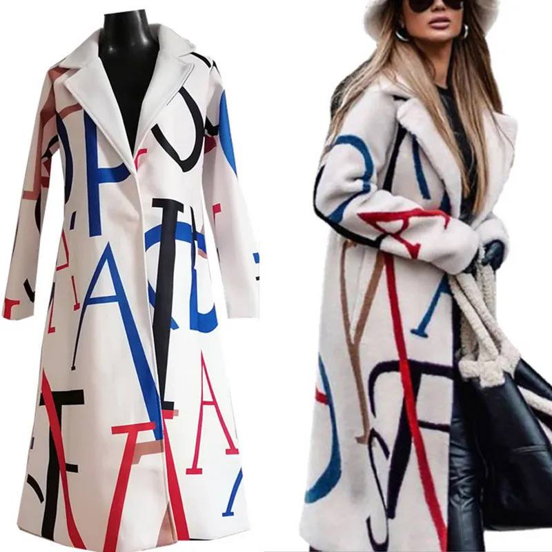 Damen Wollmantel Crème mit Lettering Design, Oversize-Passform, Breiter Kragen, Urban Stil-55072-59499662082391
